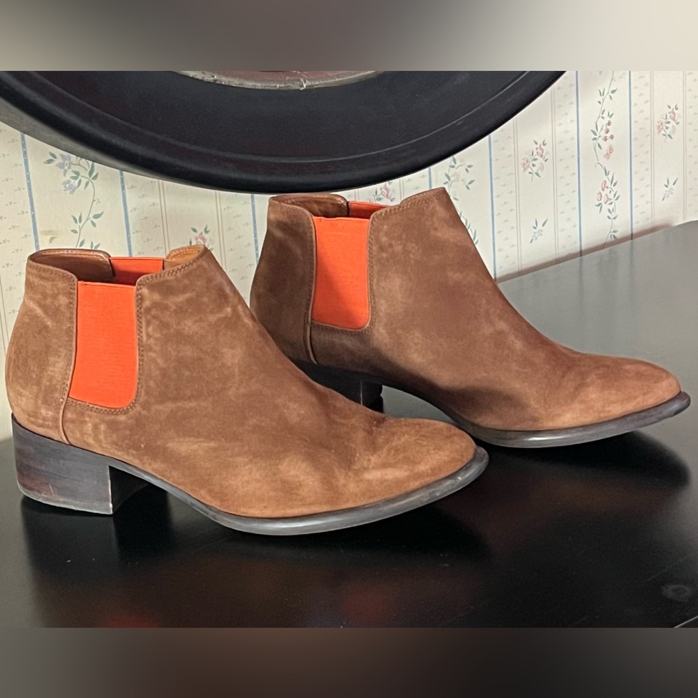J. McLaughlin Brown Suede Ashlyn Chukka Boots with Orange Panels